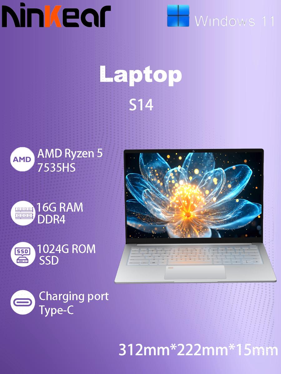 Ноутбук Ninkear S14 14.0   16 ГБ ОЗУ + 1 ТБ SSD AMD Ryzen 5 7535HS, 2240x1400, частота обновления 60 Гц серебряный