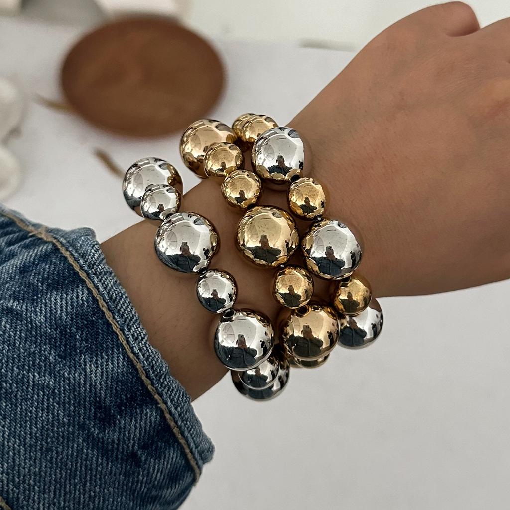 SHIXIN 3Pcs/Set Trendy Gold Color Silver Color Plastics Beads Chain Bracelets for Women Hip Hop Elastic Rope Big Ball Bangles