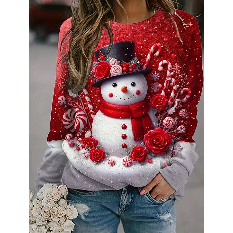 Christmas Snowman 3D Printed Sweatshirt Women's Fashion Casual Street Style Crew Neck Hoodie Y2k Pullover Harajuku Style Top Wom