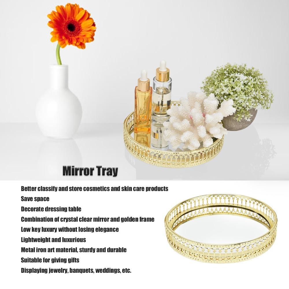 Nordic Style Mirror Tray Vertical Grain Texture Dressing Table Organizer Round Tray Makeup Storage