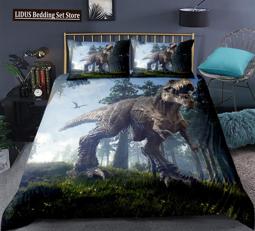 Dinosaur Duvet Cover Set King Queen Full Twin Size Wild Animals Comforter Cover With Zipper For Boys Girl Polyester Bedding Set