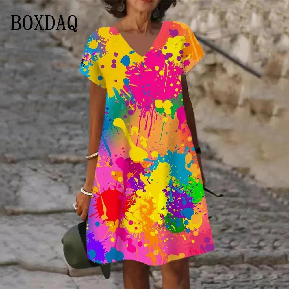 Women Dresses Summer Casual Trend Loose V-Neck Ladies Contrast Color Flower Print Clothing