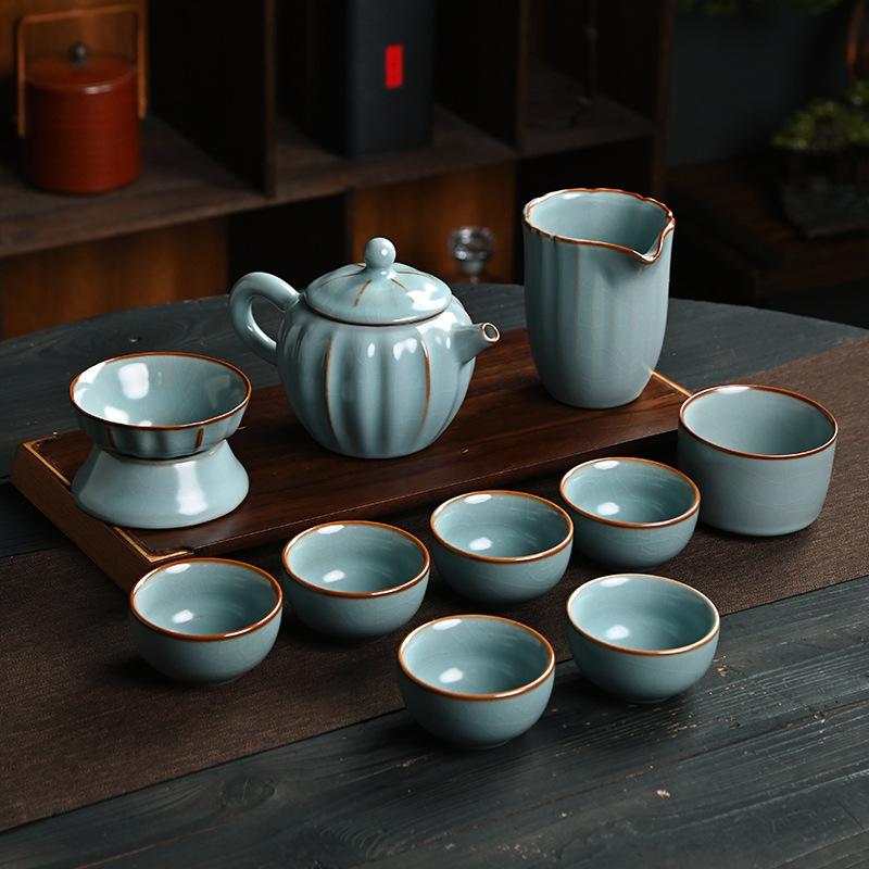 Five famous kiln tea set gift box ceramic kung fu souvenir business gift tea set high-end light luxury
