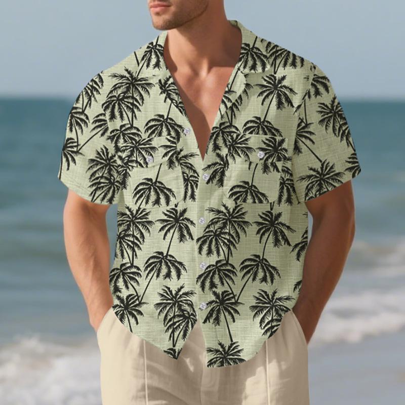 Men's Beach Short-Sleeved Shirt Coconut Tree Print Loose-Fit Holiday Shirt Men's