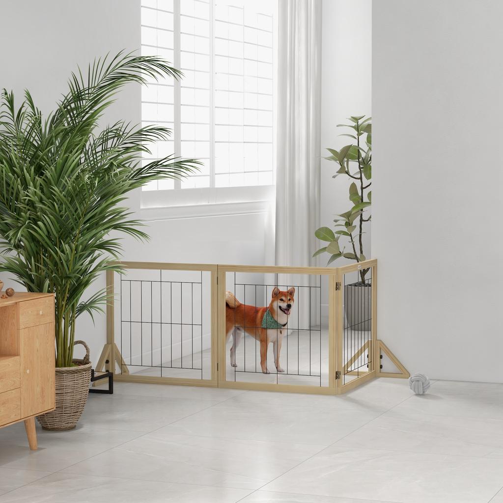 Folding Dog Gate with 3 Panels and Triangular Feet, 210x70 Cm, Natural Wood