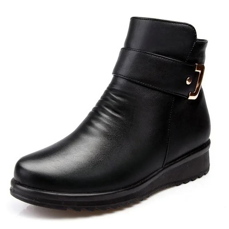 High Quality Fashion Winter BlackBoots Women Leather Warm Fur Ankle Boots Mother Outdoor Leisure Non-slip Snow Boots Woman Shoes