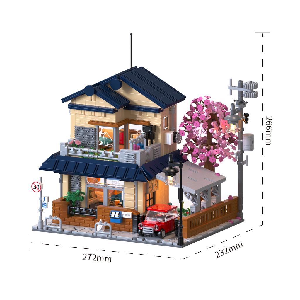 1935Pcs Cherry Blossom Villa Street Scene With Lights Building Blocks Set, House Assembly Toy, Desktop Ornament, Birthday Gift