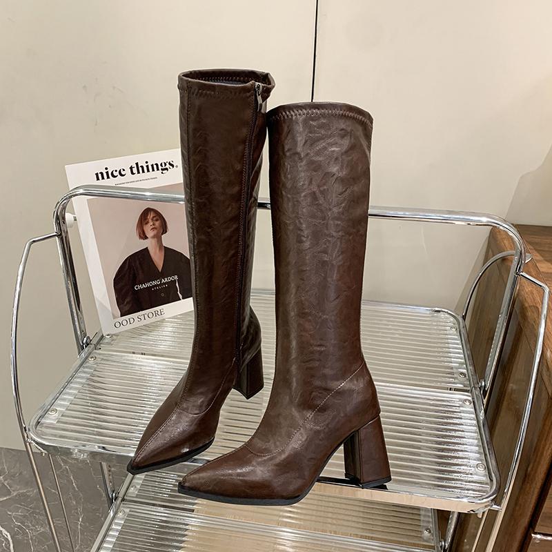 Autumn Winter Women Knee High Boots Fashion Knight Long Booties Square High Heels Shoes Botas Mujer