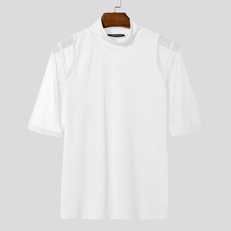 INCERUN Men's Sexy Short Sleeve Turtleneck Slim Fit See Through Mesh T-Shirt Muscle Tops Party Clubwear