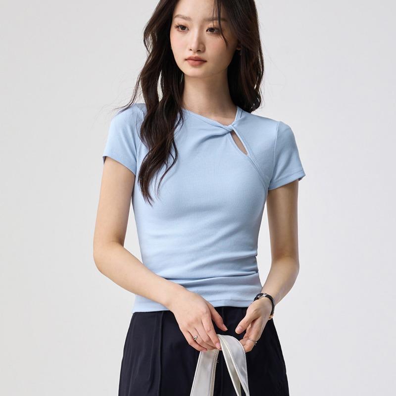 Women s Light Blue Ribbed Knit Twist Cutout Neck Slim Short Sleeve T Shirt S синий