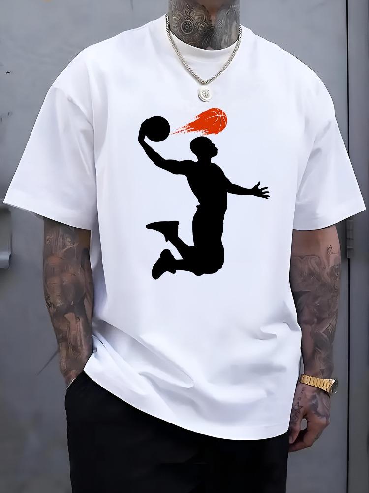 Unisex O Neck Tee Dunk Basketball Player Silhouette Print Cotton Short Sleeve Loose Summer Breathable Daily Casual Basic Wear Top