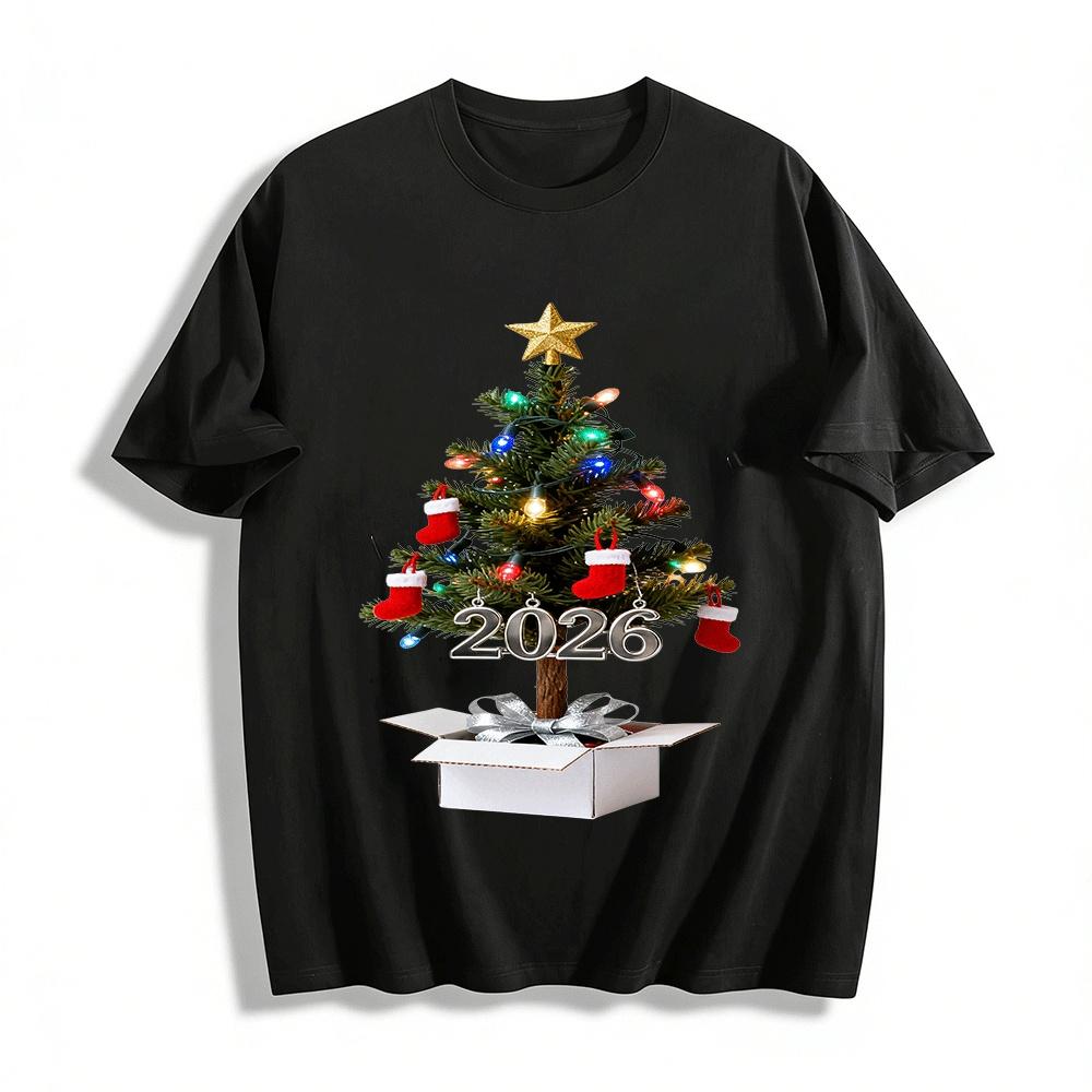 2026 New Year Christmas Themed Printed Casual Top Holiday Style Tee Pure cotton T-shirt XXS