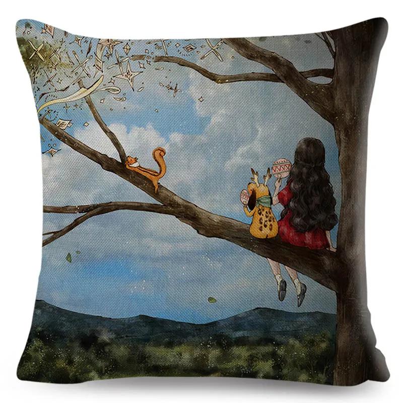 

Colorful Cute Cartoon Girl and Pet Dog Fairy Tale World Pillowcase Decor for Sofa Home Pillow Case Polyester Cushion Cover 12x12Inch