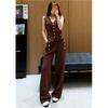 Casual Knitted Sweater Two Piece Sets for Women Metal-button V-neck Sleeveless Fitted Versatile Knit Top and Casual Pants Set