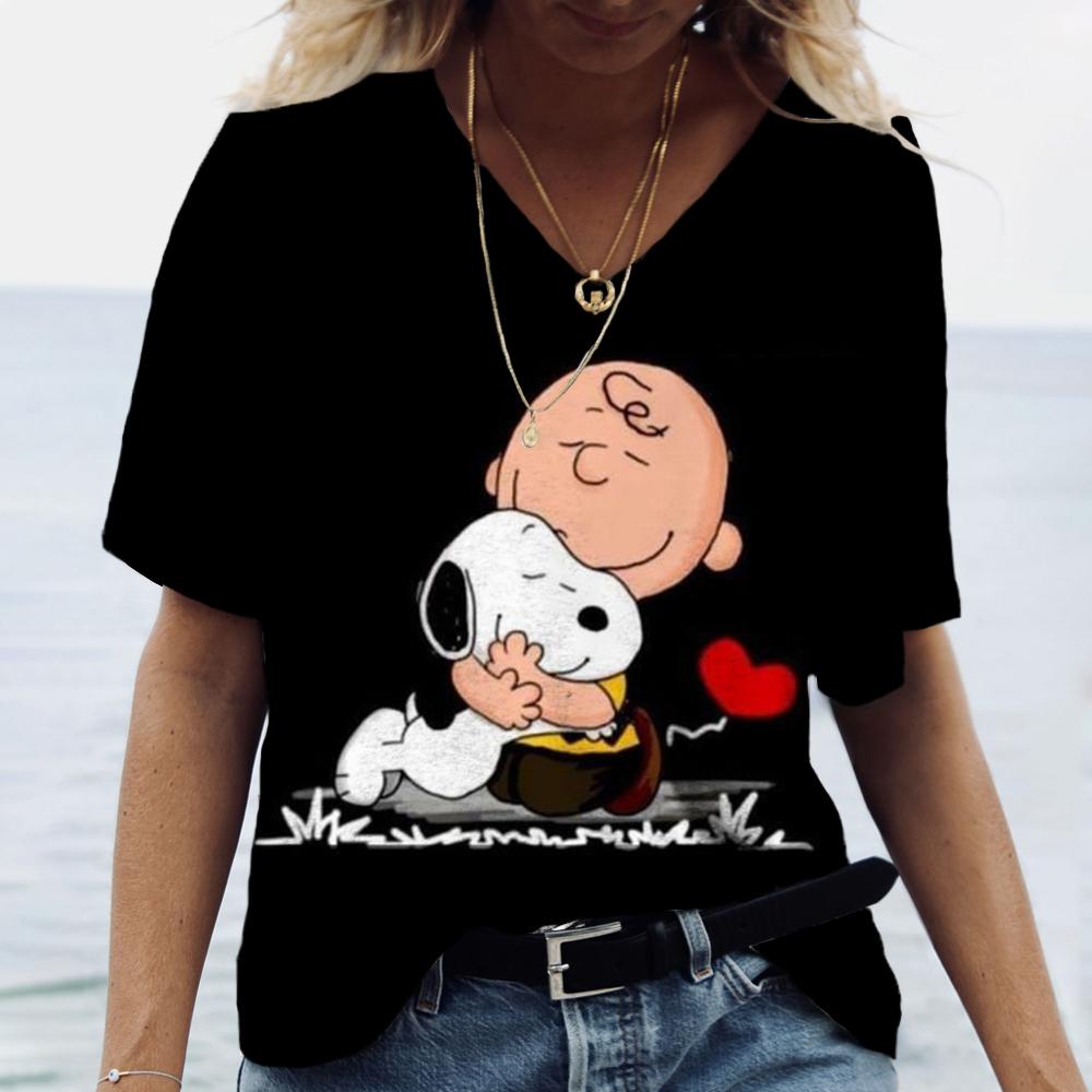 Dámská trička Disney Snoopy 3D potisk Nová V-výstřih Krátký rukáv Letní Ležérní Dámské oblečení Harajuku Y2K Hip Hop Oblečení