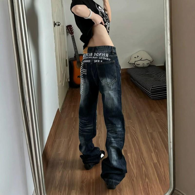 Y2K Streetwear High-Waisted Distressed Denim Jeans Women With Rivet Detail Cropped Wide-Leg Fit