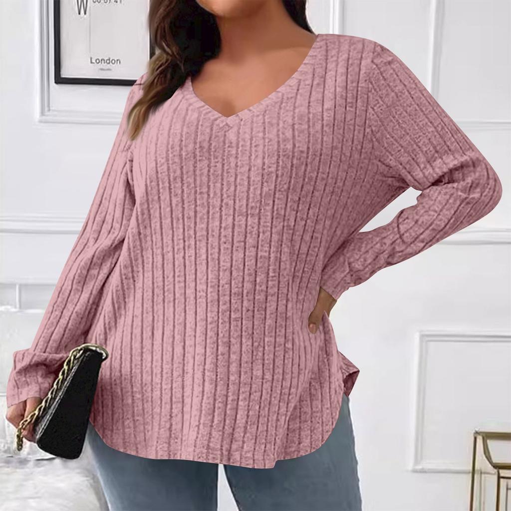 Women's  And Winter Solid Colour Plus Size Women's Tops V-Neck Long Sleeve Striped Milled Loose Pullover T-Shirt