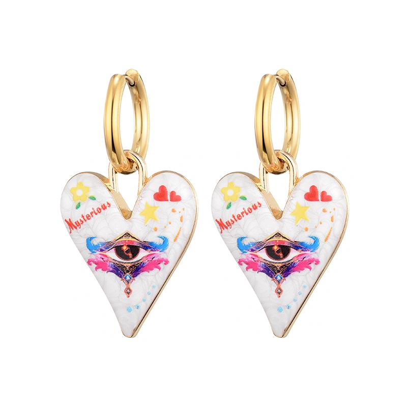 New Trendy Cute Heart Eye Stainless Steel Hoop Earrings For Women Colorful Vintage Enamel Gold Color Pendant Love Female Jewelry