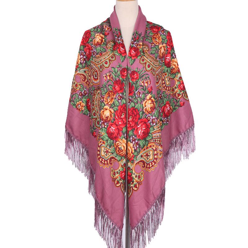 Russian Plus Size Women's Tassel Shawl - Vintage Ethnic Printed Square Scarf
