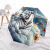 1 PC Automatic Folding Umbrella - White Tiger with Falling Leaves Pattern, Portable & Foldable Design with 8 Ribs, Christmas Birthday Gifts