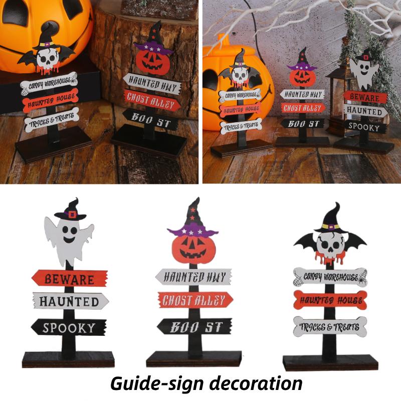 Skeletons Pumpkins Halloween Wooden Signpost Plaque Table Ornament Party Decor
