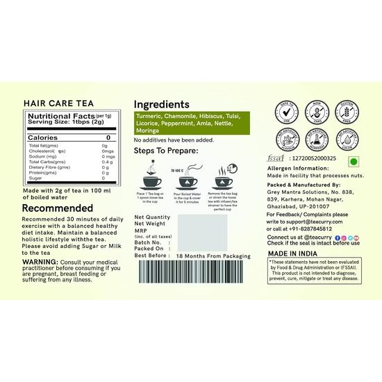 TEACURRY Hair Care Tea - 15 Tea Bags | Helps Hair Growth, Dandruff, Shine, Repair and Strength - Hair Tea - Hair Fall Tea for Men Women