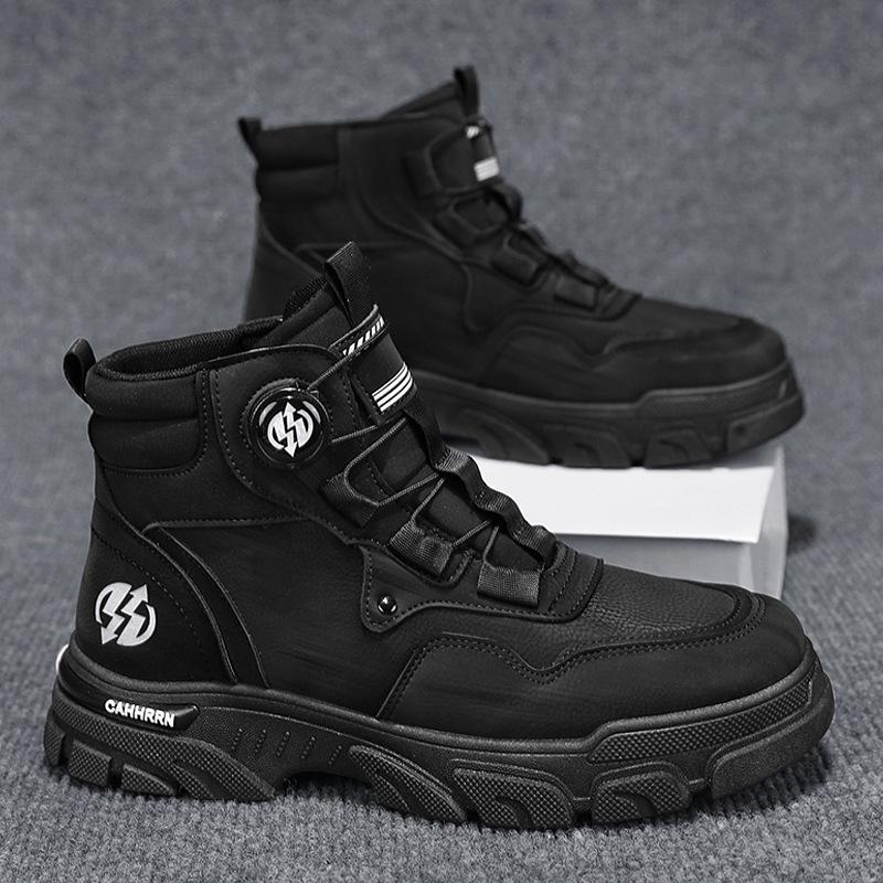 Autumn and winter new leather high-top Martin boots rotating button cover feet outdoor sports big yellow boots men's boots