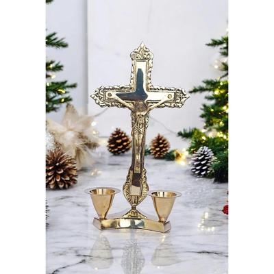 Brass Crucifix Cross Statue | Idol Jesus Christ On Cross with Candle Stand Prayer | Worship Home Office Decoration Golden Antique Finish (5 Inch) New