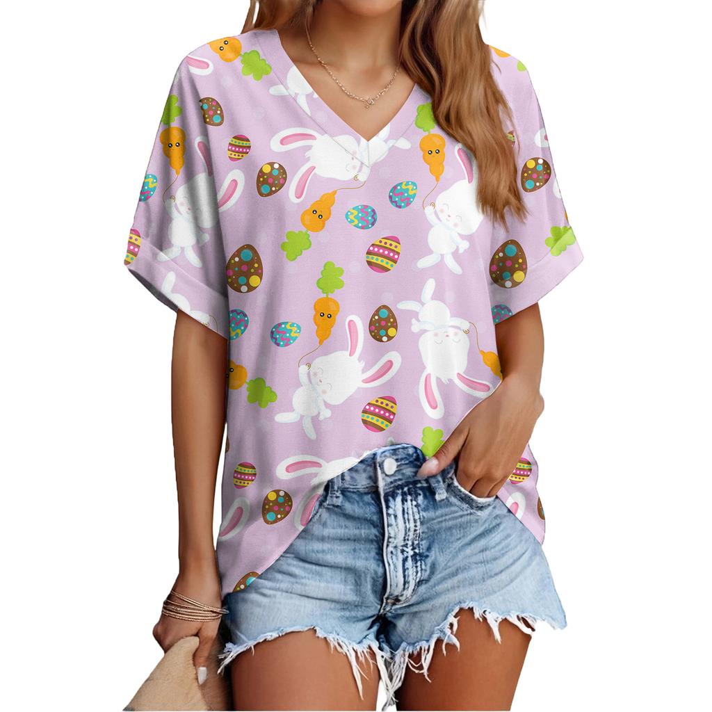 Women's Fashionable Casual Everyday Versatile Easter Print Slim-Fit Summer Short-Sleeve Top