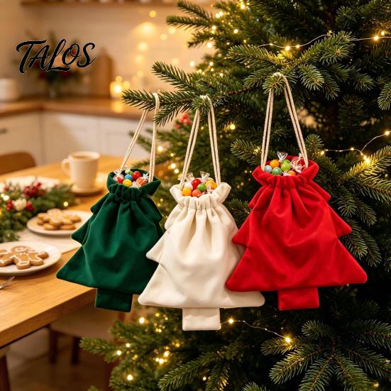 Christmas Gift Bags Tree Drawstring Presents Bag, Reusable Plush Wrapping Pouch, Party Supplies Shaped Holiday Favors Bag for Candy, Goody,