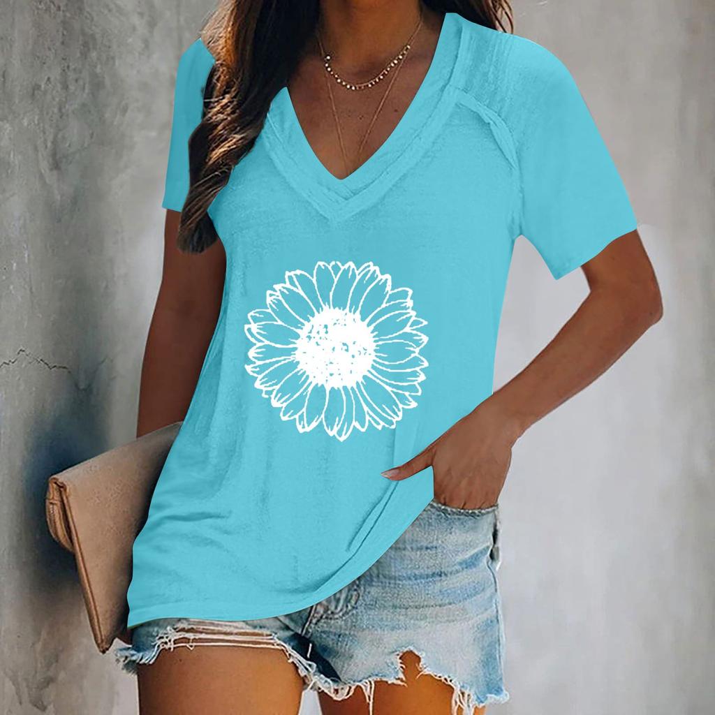 Women's Tops Dressy Summer Fashion Casual Print Casual T-Shirt Shoulder Sleeve V Neck Slim Flowy Tunic