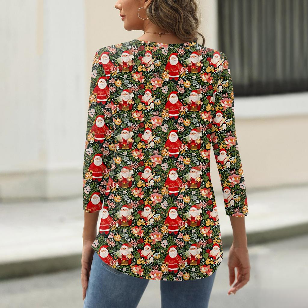 Women's Fashionable Casual Three Quarter Sleeve Christmas Printed Round Neck Top