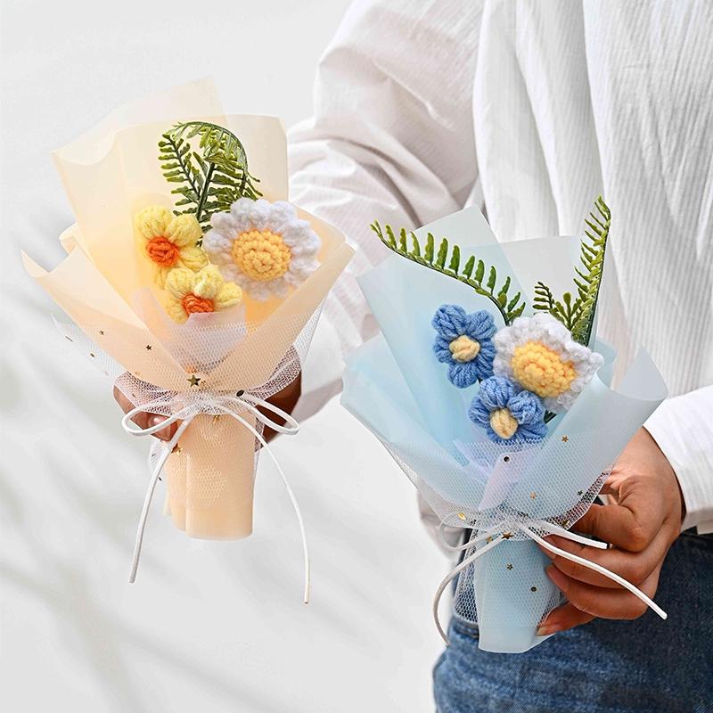 Crocheted Bouquet Mini Knitted Puff Flower Handmade Colorful Woven Bouquet Graduation Sunflower Valentine'S Day Gifts Room Decor