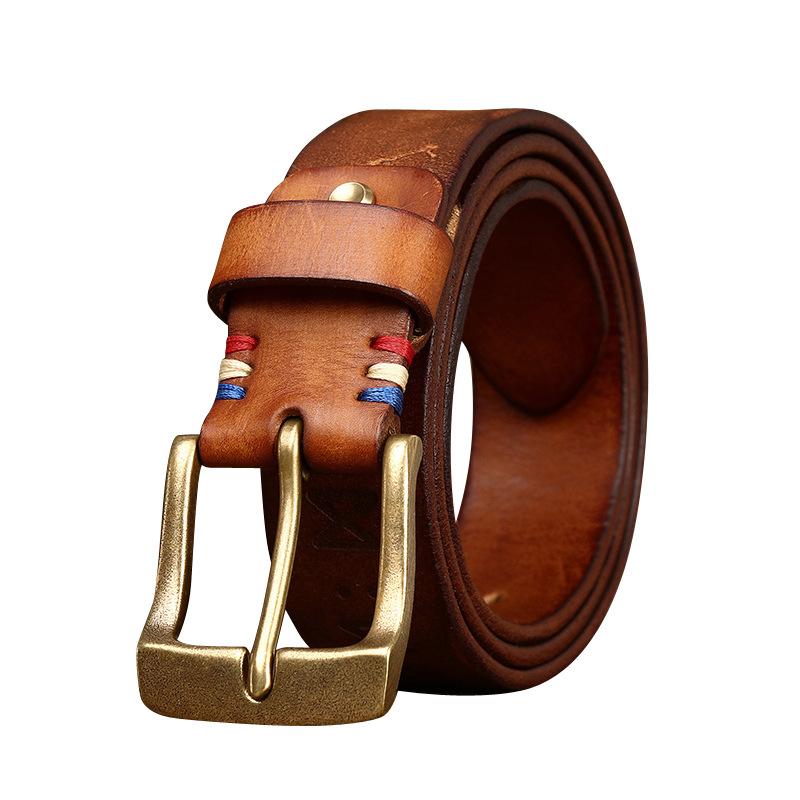 Belt Men's Retro Personalized Trendy Laser Engraving Genuine Cattlehide Leather Surface Brass Buckle Men's Jeans Belt Men's