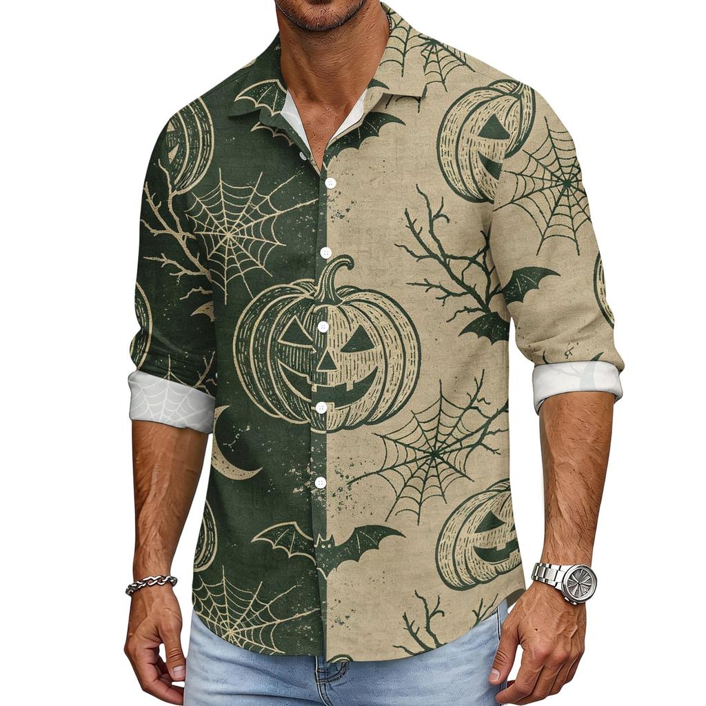 Men's Loose Fit Long Sleeve Shirt with Classic Collar Halloween Print Vintage Casual Button Down Shirt for Spring Autumn Daily Wear