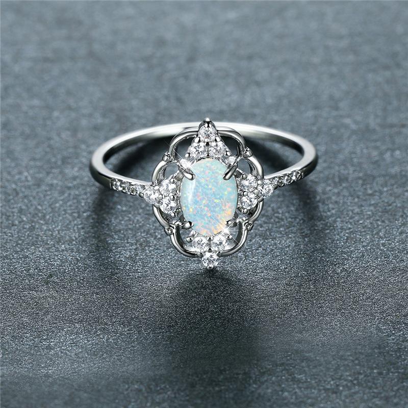 Vintage Hollow Flower Engagement Ring White Blue Oval Stone Delicate Silver Color Rings for Women Bridal Jewelry