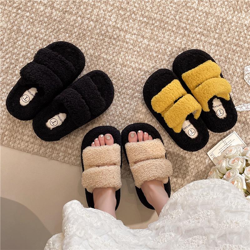 Thick-bottomed fluffy slippers for women's outer wear, one-word velvet to keep warm and increase height, autumn and winter 2025 new mink wool cotton