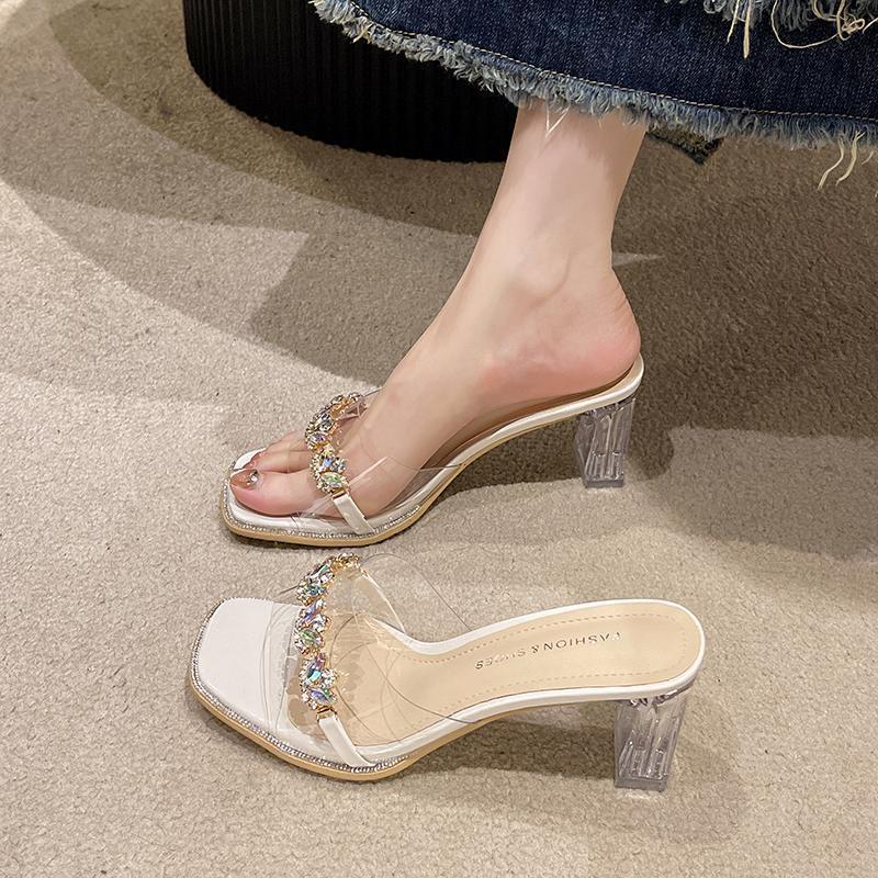 Transparent high-heeled cool slippers for women's summer wear 2025 new fairy feng rhinestone thick heel one-word crystal sandals
