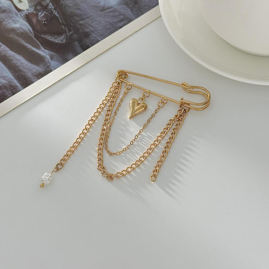 Sweet And Cool Imitation Pearl Love Pendant Brooch, Simple Metal Chain Fringed Pin Pants Anklet
