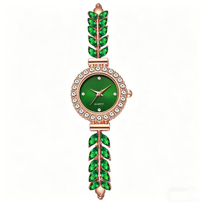 New Fashion Women Quartz Watch Leaf Design Slim Strap Rhinestone Round Dial Pull Adjustable Bracelet Wristwatch