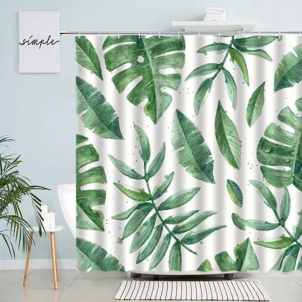 Tropical Monstera Palm Leaves Shower Curtains Watercolor Banana Leaf Green Plants Bath Curtain Waterproof Fabric Bathroom Decor