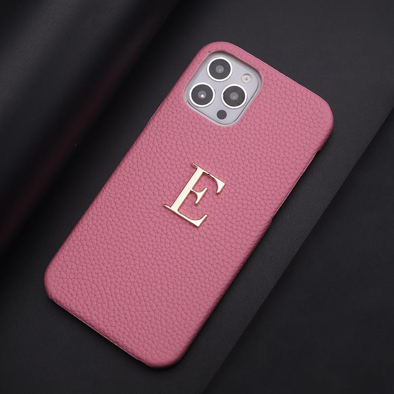Custom Name Letter Gold Metal Genuine Leather Phone Cas for16 11 12 13 14 15Pro Max 16 15Plus XS XR Personalization Cover Luxury