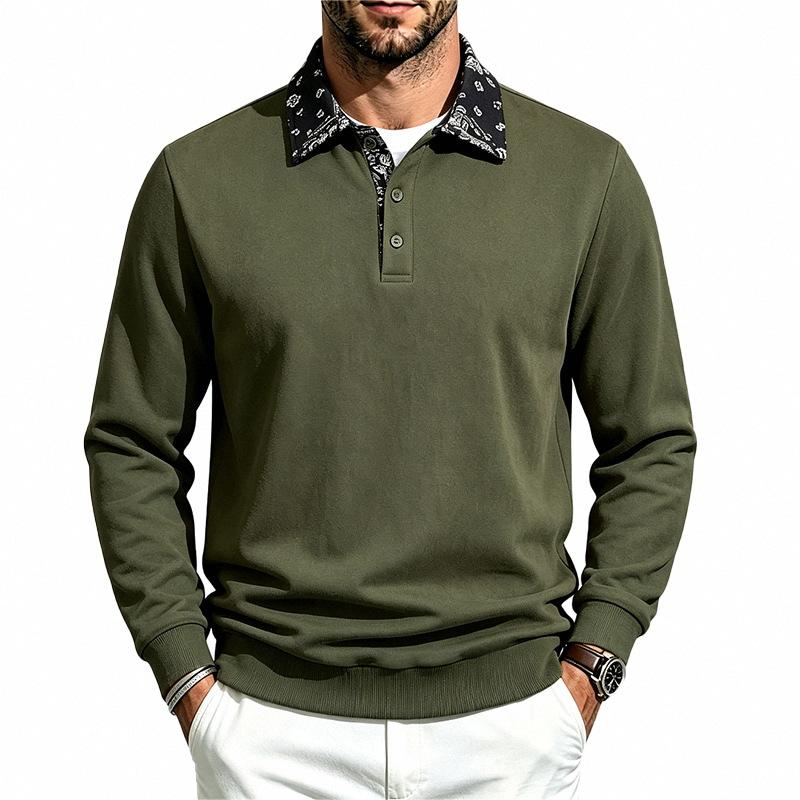Men Patchwork Collar Sweatshirt Long Sleeve Button Pullover Tops Autumn Winter Casual Loose Fit Men's Sweatshirts Daily Male Clothing