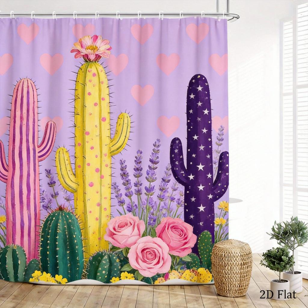 Cactus Shower Curtain 180x180cm – Whimsical Desert Garden with Blooms, Boho Southwestern Bathroom Decor, 12 Hooks
