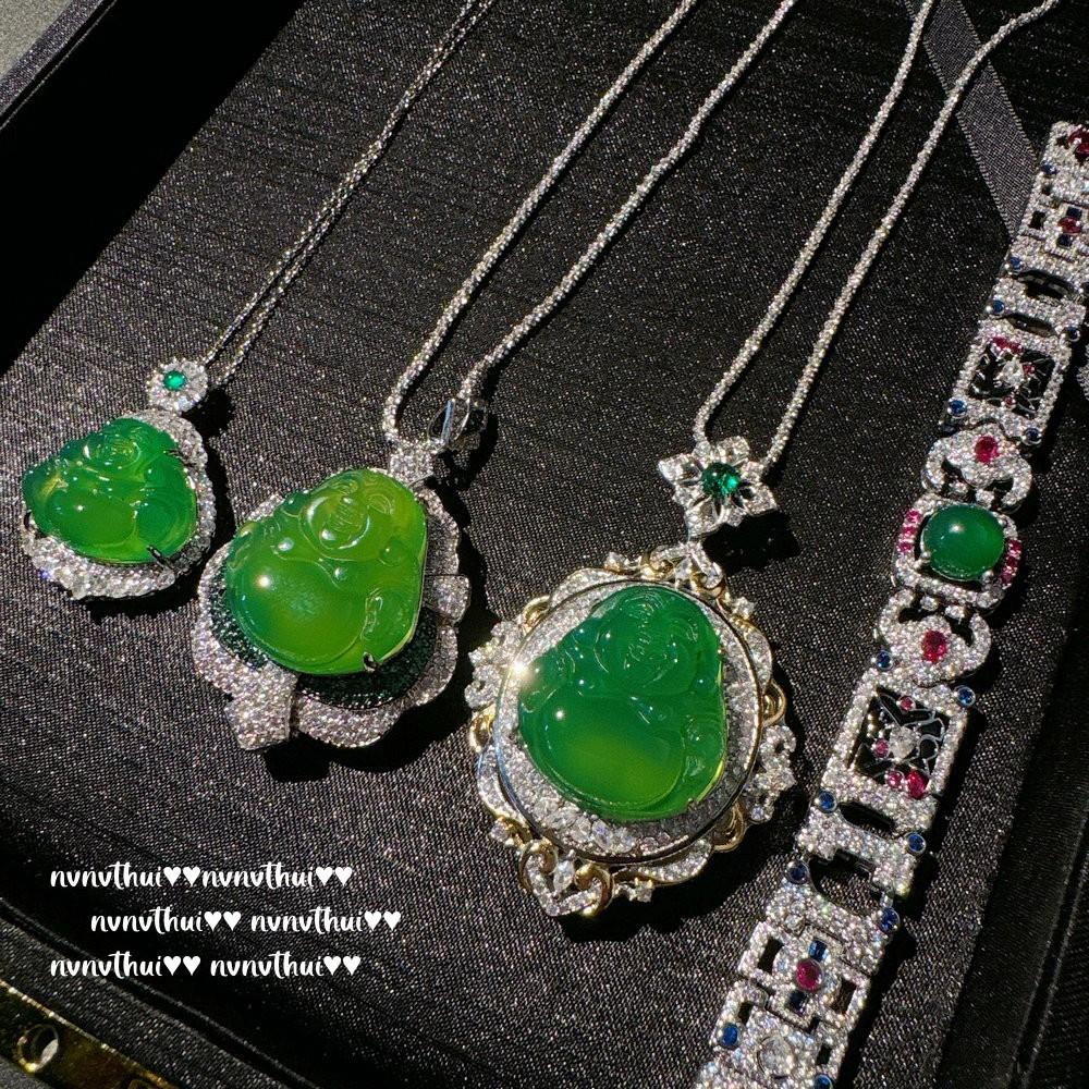 Brazilian Chalcedony Buddha Male Petal Gemstone Necklace, New Chinese Style, Silk Chisel Chalcedony Green Chalcedony Zircon Bracelet Set