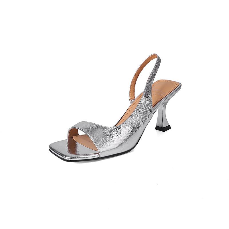 Silver First Layer Cowhide French Square Head Thin Heel Summer New Back Strap High Heel Simple Temperament Open-toed Sandals Women