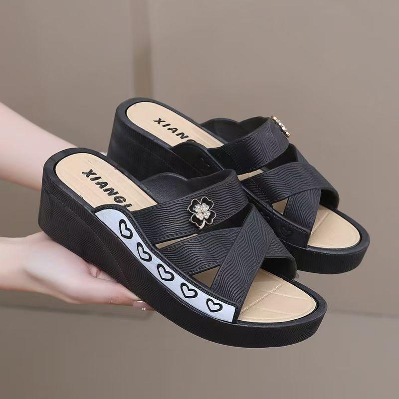 Summer new high-heeled women's drag slope heel thick bottom hollow non-slip fashion slippers factory