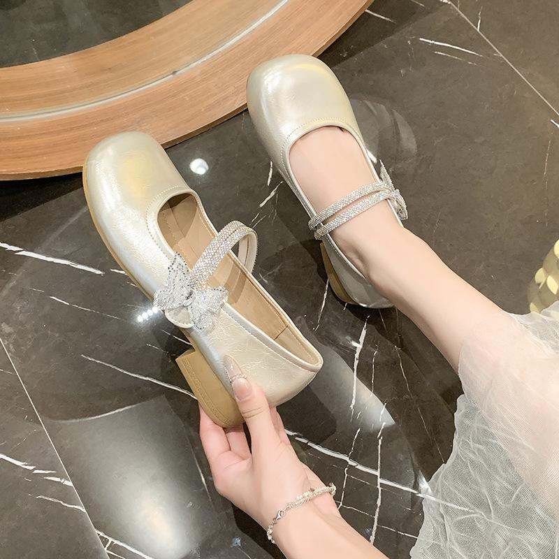 2025 Spring New Fairy Wind Round Head Rhinestone Bow Single Shoes Women's Korean Version Shallow Mouth Mary Jane with Skirt Women's Shoes
