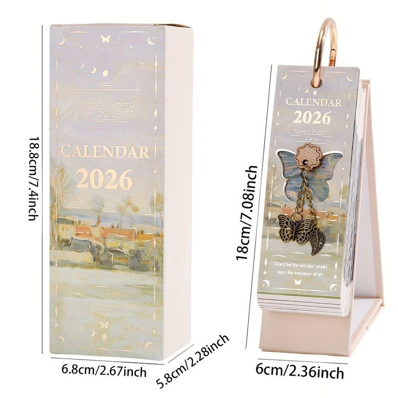 Small Desk Calendar 2026, Standing Flip Calendar, Vintage Desk Calendar with Golden Ring Binding - 365-Day Planner with Monthly