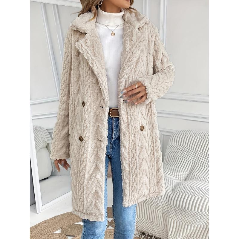 Double-Breasted Plush Cardigan Coat for Women - Mid-Length with Pockets and European-American Style
